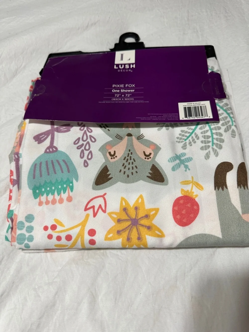 Lush Pixie Fox Floral Fox Shower Curtain Panel - White, Pink, Yellow & Teal